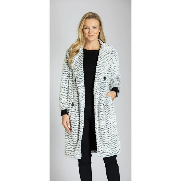 NWT APNY Faux Fur Duster Trench Coat Jacket Double Breasted Textured White Black - Picture 1 of 10